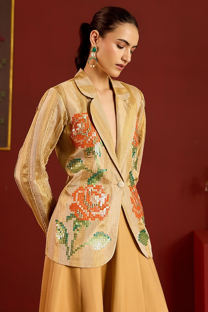 Gold Zari Kota Floral Sequin Longline Blazer by POOJA RAJGARHIA GUPTA at Pernia's Pop Up Shop