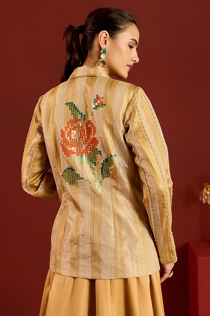Gold Zari Kota Floral Sequin Longline Blazer by POOJA RAJGARHIA GUPTA at Pernia's Pop Up Shop