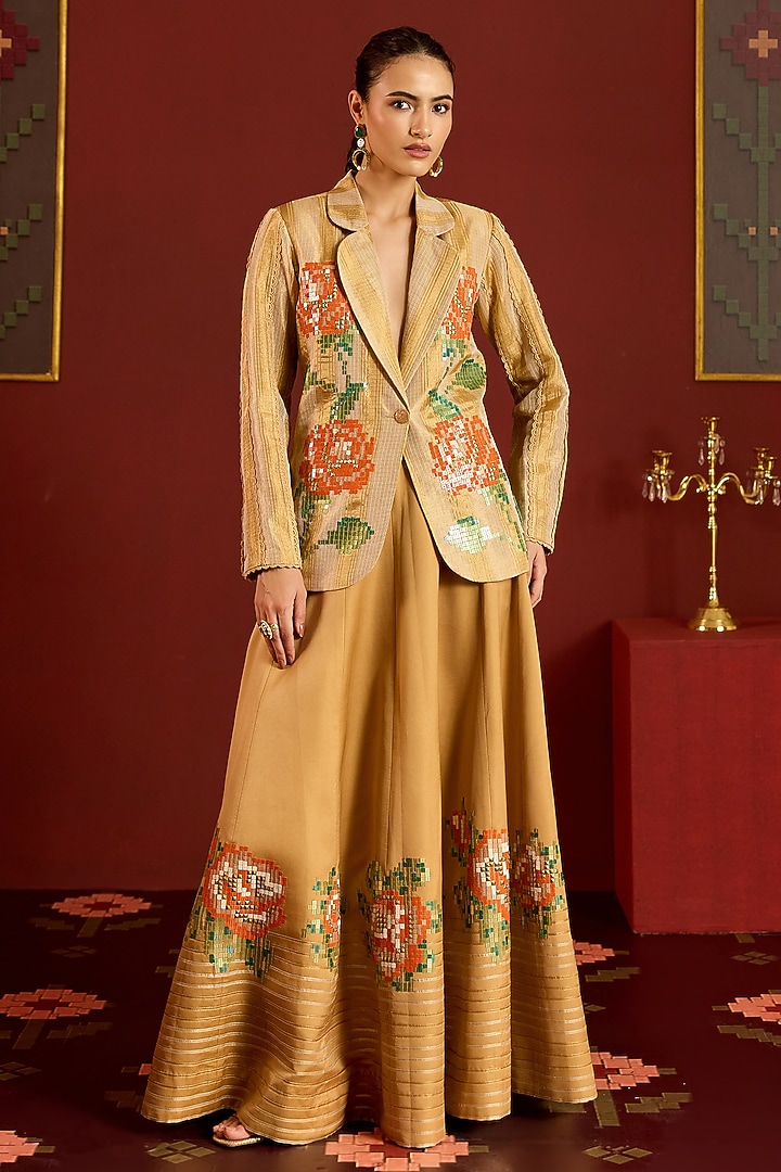 Gold Zari Kota Floral Sequin Longline Blazer by POOJA RAJGARHIA GUPTA at Pernia's Pop Up Shop
