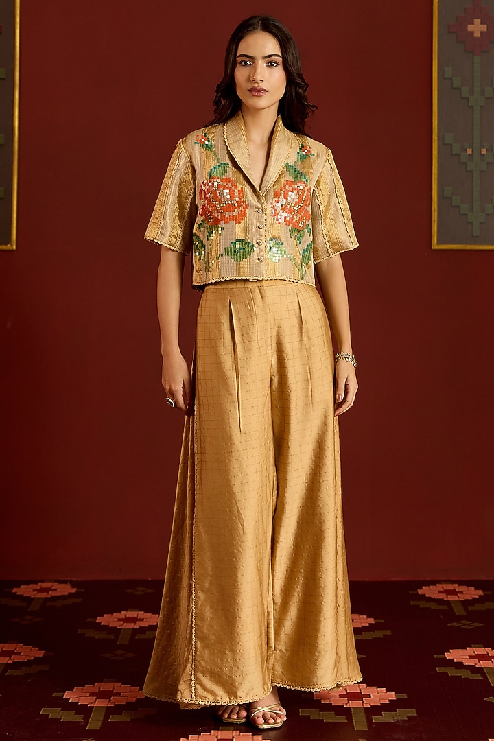 Gold Zari Kota Floral Sequin Crop Blazer Set by POOJA RAJGARHIA GUPTA at Pernia's Pop Up Shop