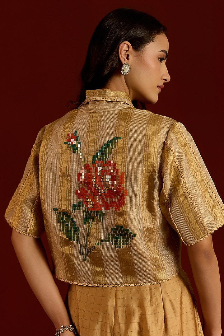 Gold Zari Kota Floral Sequin Crop Blazer Set by POOJA RAJGARHIA GUPTA at Pernia's Pop Up Shop