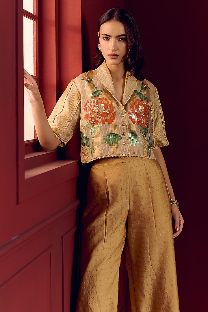 Gold Zari Kota Floral Sequin Crop Blazer Set by POOJA RAJGARHIA GUPTA at Pernia's Pop Up Shop