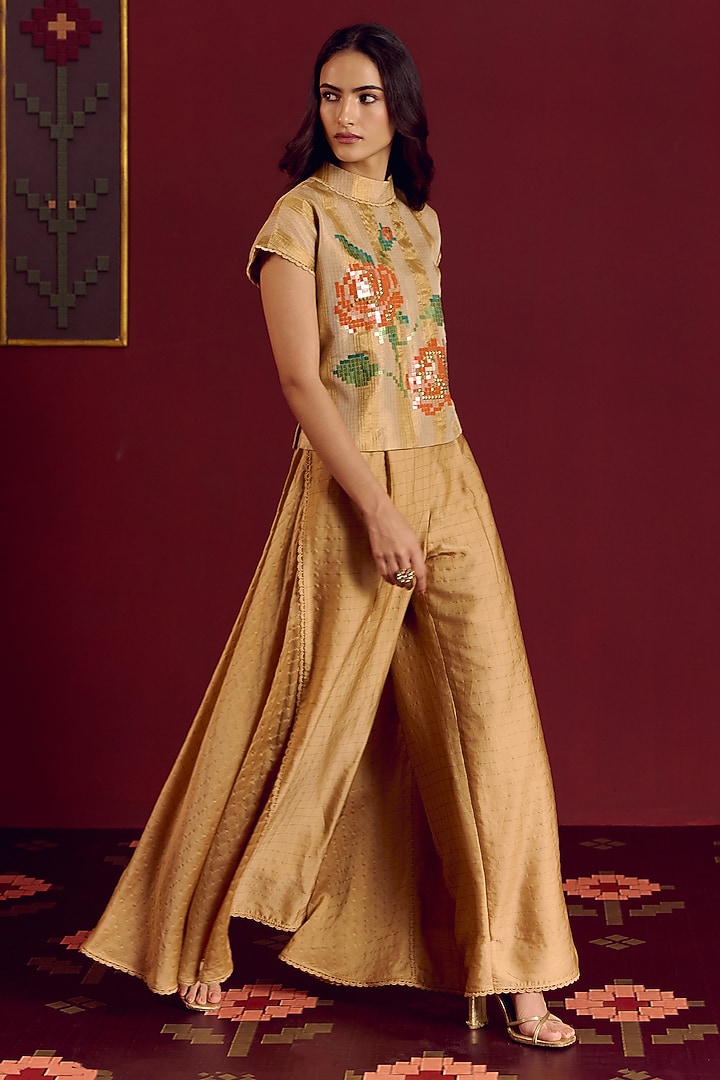 Gold Satin Party Wear Sharara Set by POOJA RAJGARHIA GUPTA at Pernia's Pop Up Shop