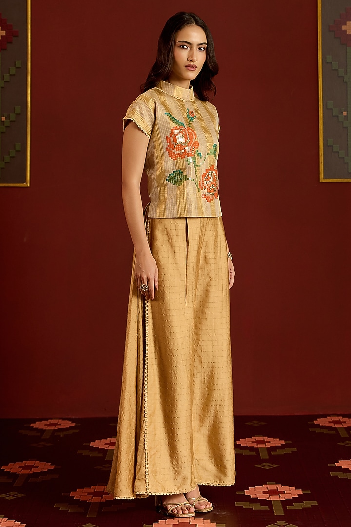 Gold Satin Party Wear Sharara Set by POOJA RAJGARHIA GUPTA at Pernia's Pop Up Shop