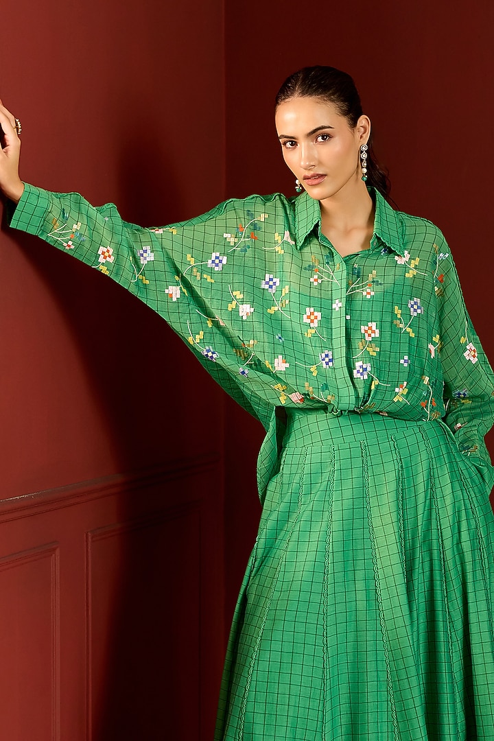Green Chanderi Floral Sequin Kimono Top by POOJA RAJGARHIA GUPTA at Pernia's Pop Up Shop