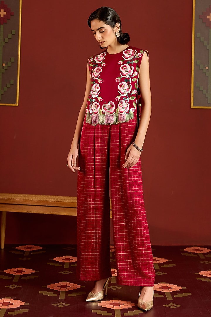 Maroon Satin Floral Sequin Jumpsuit by POOJA RAJGARHIA GUPTA at Pernia's Pop Up Shop