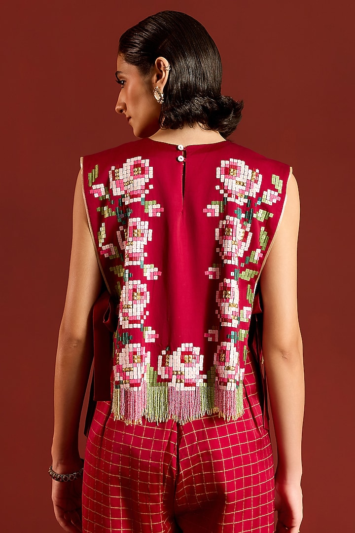 Maroon Satin Floral Sequin Jumpsuit by POOJA RAJGARHIA GUPTA at Pernia's Pop Up Shop