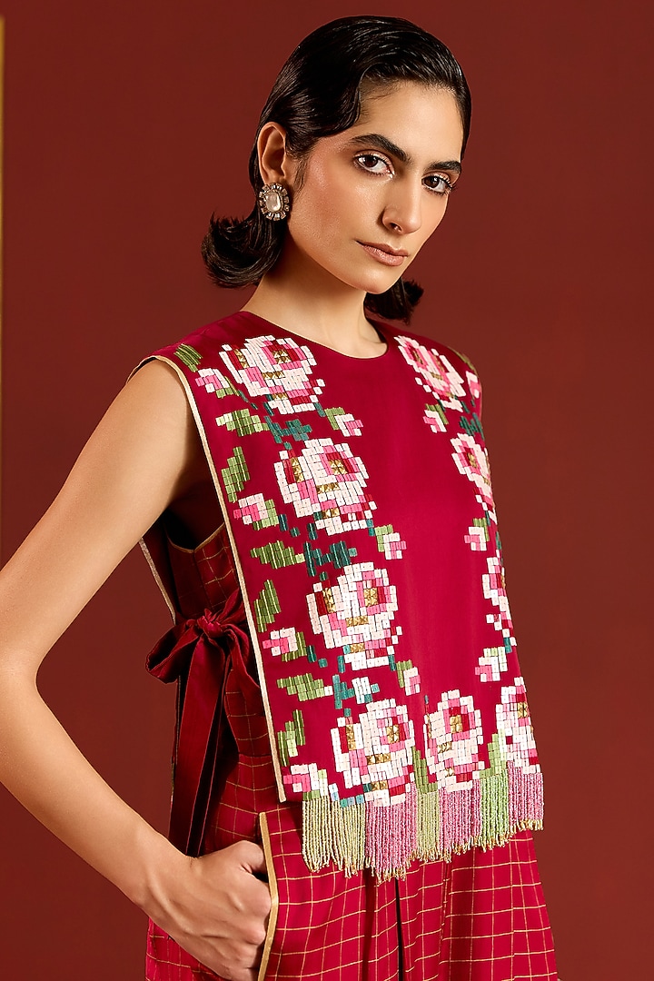 Maroon Satin Floral Sequin Jumpsuit by POOJA RAJGARHIA GUPTA at Pernia's Pop Up Shop