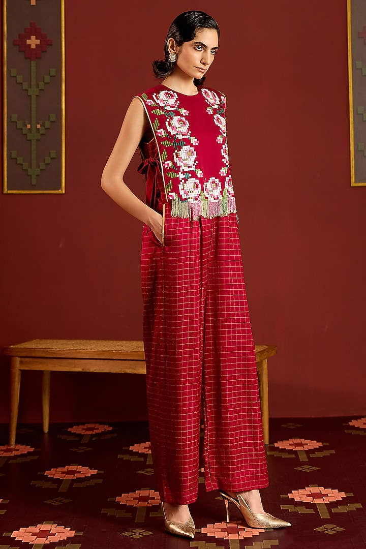 Maroon Satin Floral Sequin Jumpsuit by POOJA RAJGARHIA GUPTA at Pernia's Pop Up Shop