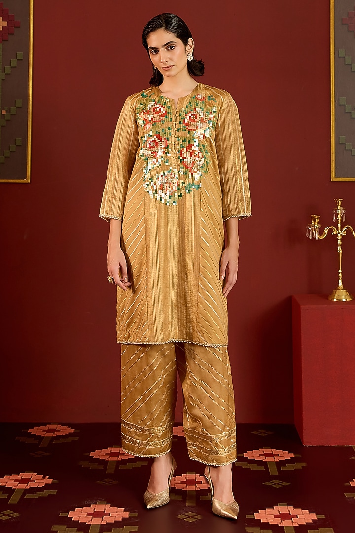 Gold Satin Floral Sequin Kurta Set by POOJA RAJGARHIA GUPTA at Pernia's Pop Up Shop