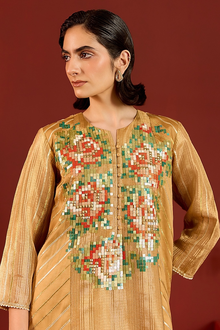 Gold Satin Floral Sequin Kurta Set by POOJA RAJGARHIA GUPTA at Pernia's Pop Up Shop