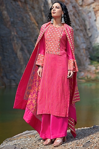Hot Pink Hand Embroidered Kurta Set by POOJA RAJGARHIA GUPTA