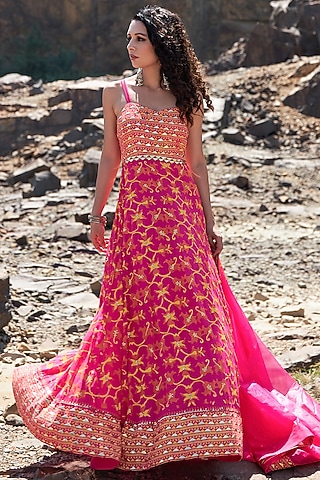 Hot Pink Hand Embroidered Anarkali Set by POOJA RAJGARHIA GUPTA