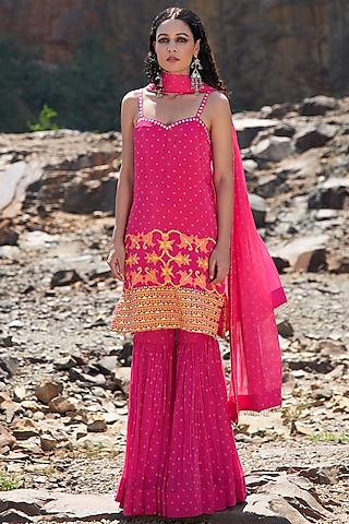 Hot Pink Printed Sharara Set by POOJA RAJGARHIA GUPTA
