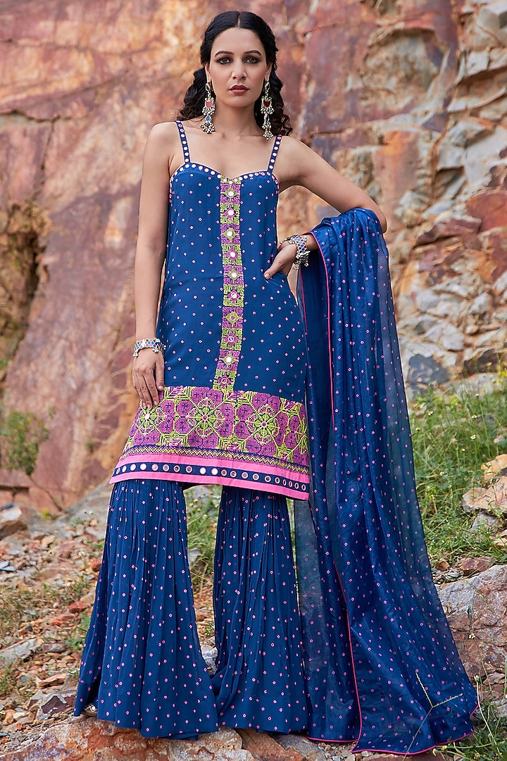 Dark Blue Printed Sharara Set by POOJA RAJGARHIA GUPTA