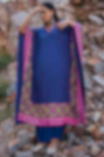 Dark Blue Hand Embroidered Kaftan Set by POOJA RAJGARHIA GUPTA at Pernia's Pop Up Shop