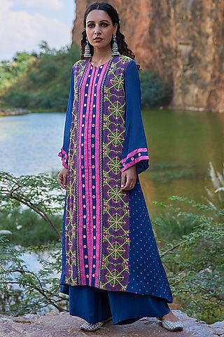 Dark Blue Hand Embroidered A-Line Kurta Set by POOJA RAJGARHIA GUPTA