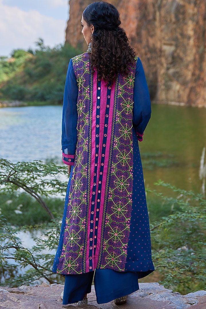 Dark Blue Hand Embroidered A-Line Kurta Set by POOJA RAJGARHIA GUPTA at Pernia's Pop Up Shop