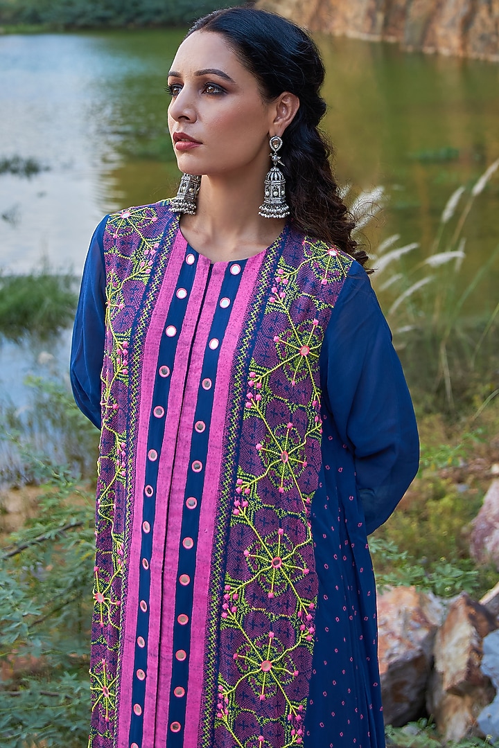 Dark Blue Hand Embroidered A-Line Kurta Set by POOJA RAJGARHIA GUPTA at Pernia's Pop Up Shop