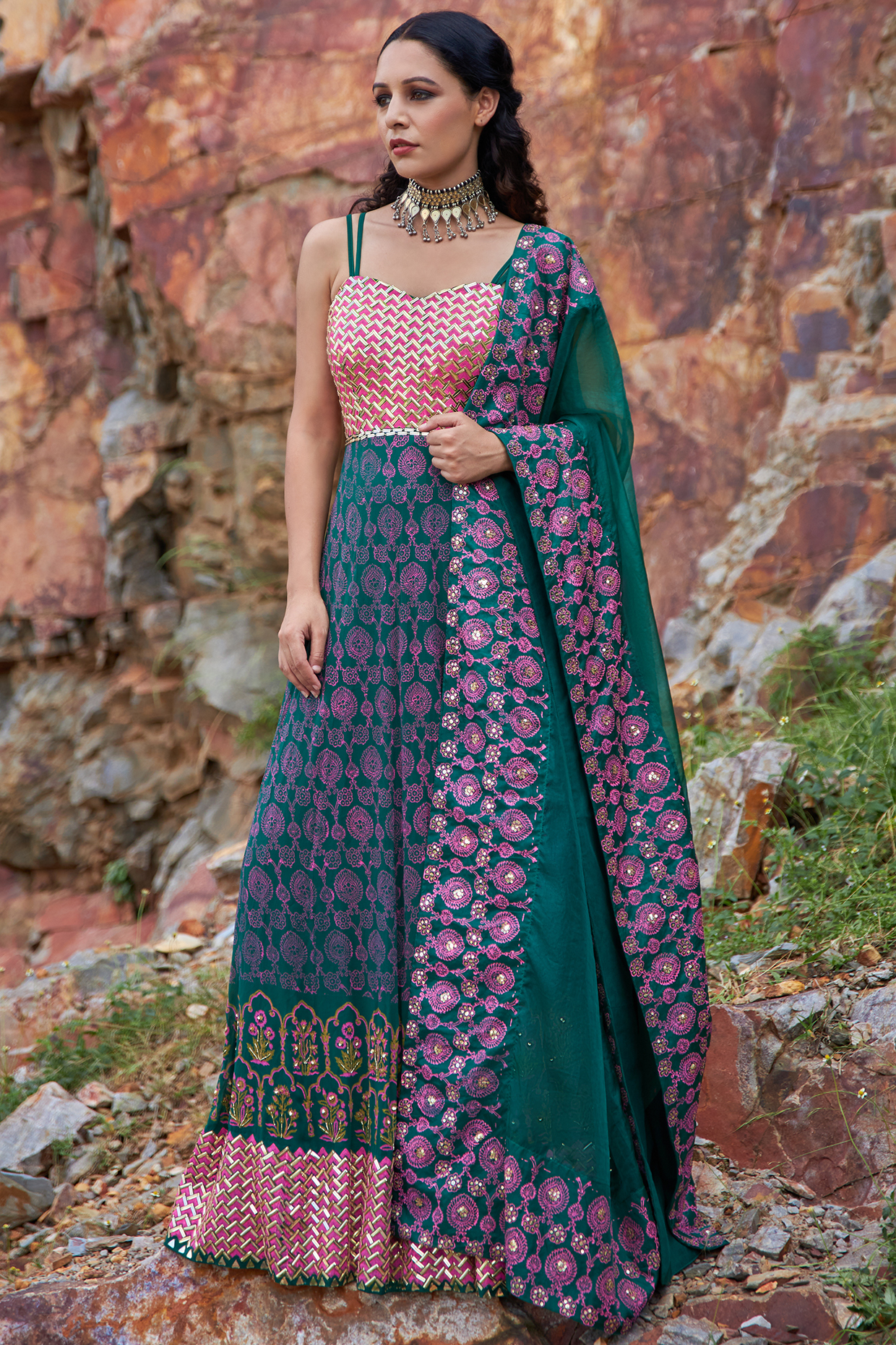 Emerald Green Hand Embroidered Anarkali Set by POOJA RAJGARHIA GUPTA