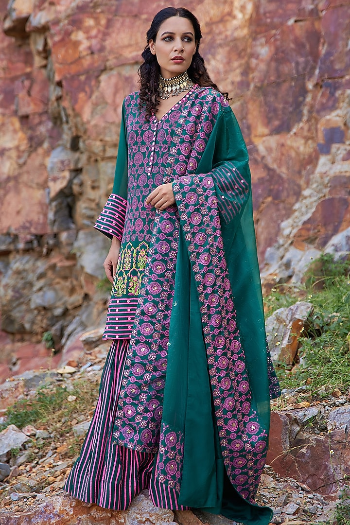 Emerald Green & Purple Printed Sharara Set by POOJA RAJGARHIA GUPTA