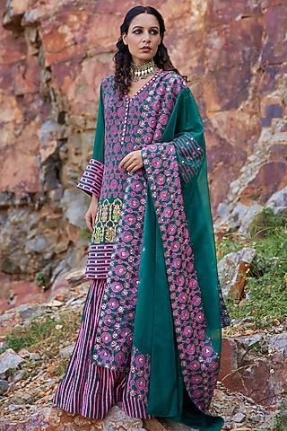 Emerald Green & Purple Printed Sharara Set by POOJA RAJGARHIA GUPTA
