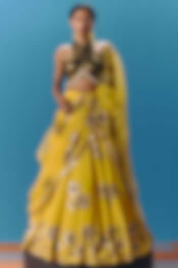 Yellow Crepe Pearl & Sequins Hand Embellished Wedding Lehenga Set by POOJA RAJGARHIA GUPTA at Pernia's Pop Up Shop