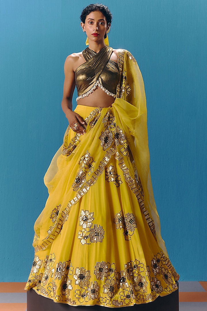 Yellow Crepe Pearl & Sequins Hand Embellished Wedding Lehenga Set by POOJA RAJGARHIA GUPTA at Pernia's Pop Up Shop