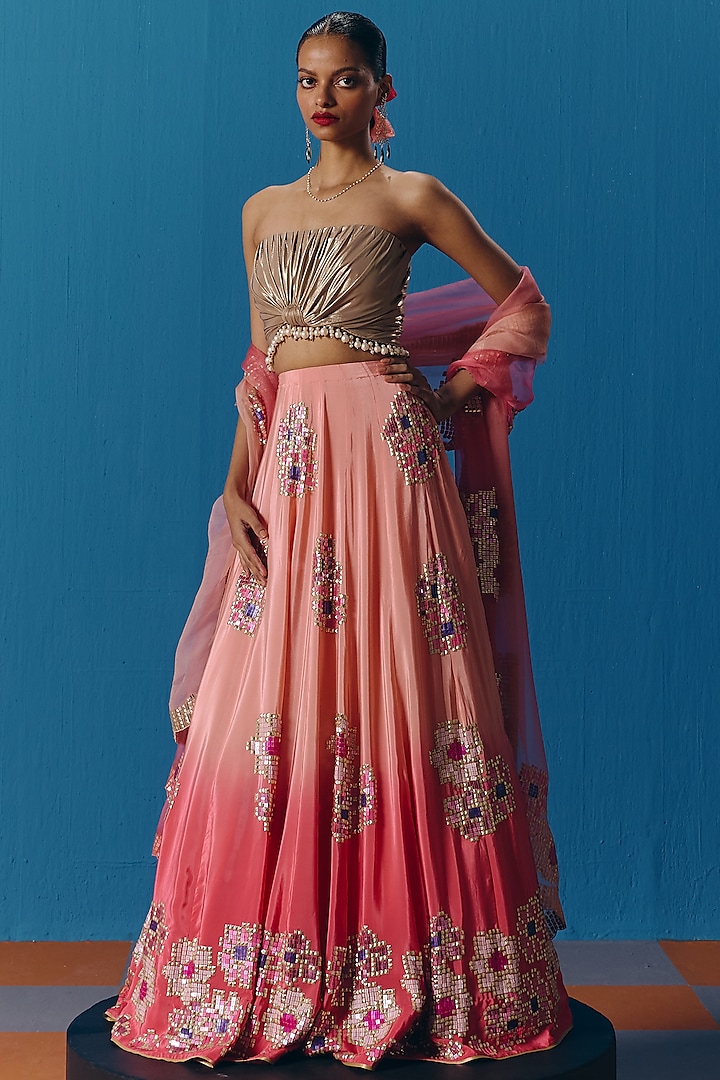 Peach & Coral Crepe Pearl Hand Embellished Wedding Lehenga Set by POOJA RAJGARHIA GUPTA at Pernia's Pop Up Shop