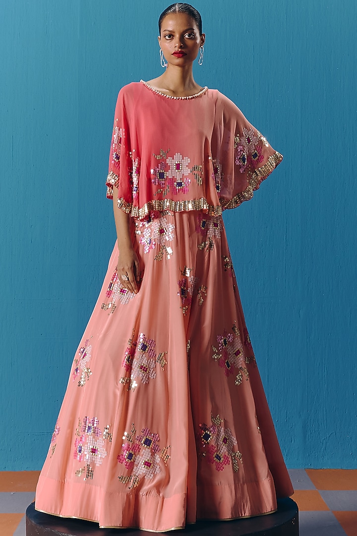 Peach & Coral Crepe Hand Embroidered Wedding Lehenga Set by POOJA RAJGARHIA GUPTA at Pernia's Pop Up Shop