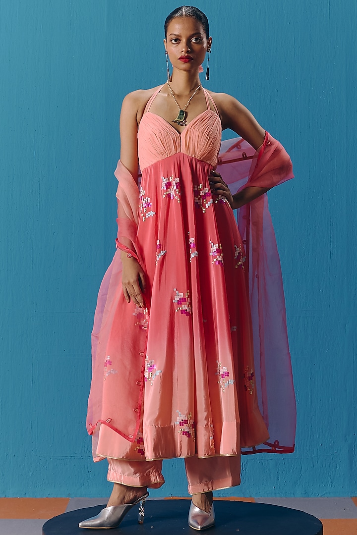 Peach & Coral Georgette Hand Embroidered Anarkali Set by POOJA RAJGARHIA GUPTA at Pernia's Pop Up Shop