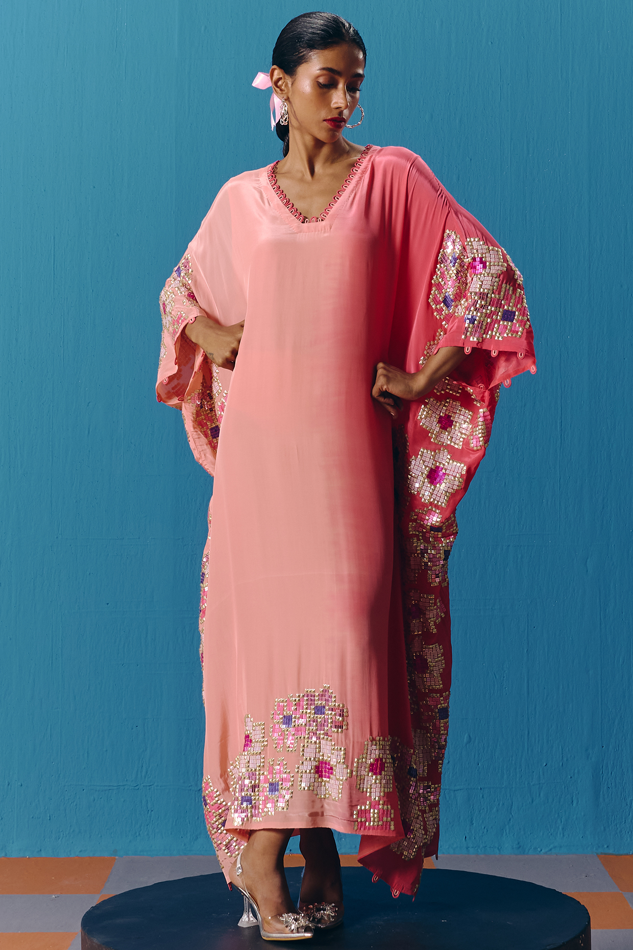 Peach & Coral Soft Crepe Hand Embroidered Kaftan by POOJA RAJGARHIA GUPTA at Pernia's Pop Up Shop
