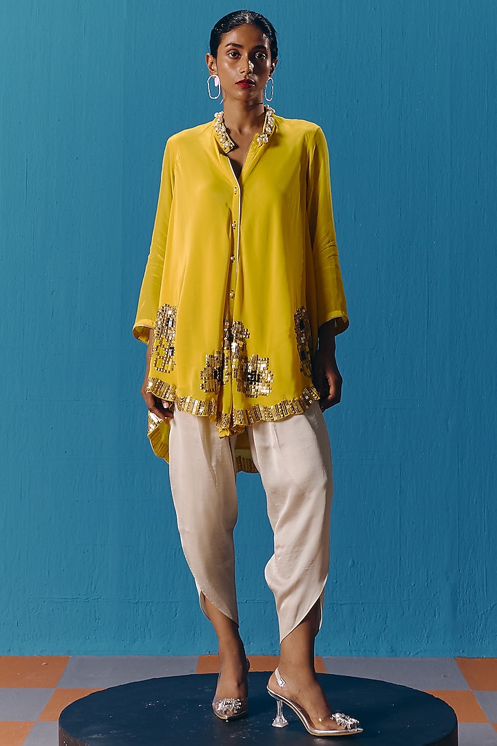 Yellow & Ivory Soft Crepe Sequins Embroidered Kurta Set by POOJA RAJGARHIA GUPTA at Pernia's Pop Up Shop