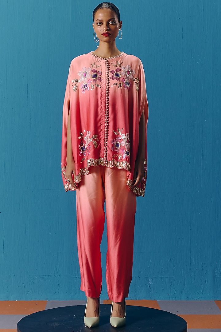 Peach & Coral Soft Silk Satin Sequins Embroidered Cape Set by POOJA RAJGARHIA GUPTA at Pernia's Pop Up Shop