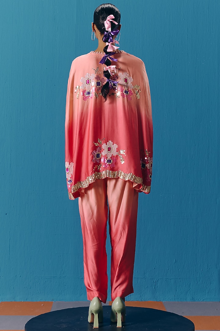 Peach & Coral Soft Silk Satin Sequins Embroidered Cape Set by POOJA RAJGARHIA GUPTA at Pernia's Pop Up Shop