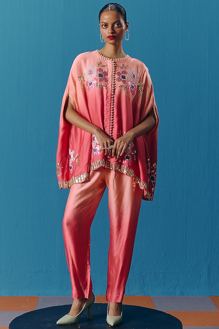 Peach & Coral Soft Silk Satin Sequins Embroidered Cape Set by POOJA RAJGARHIA GUPTA at Pernia's Pop Up Shop