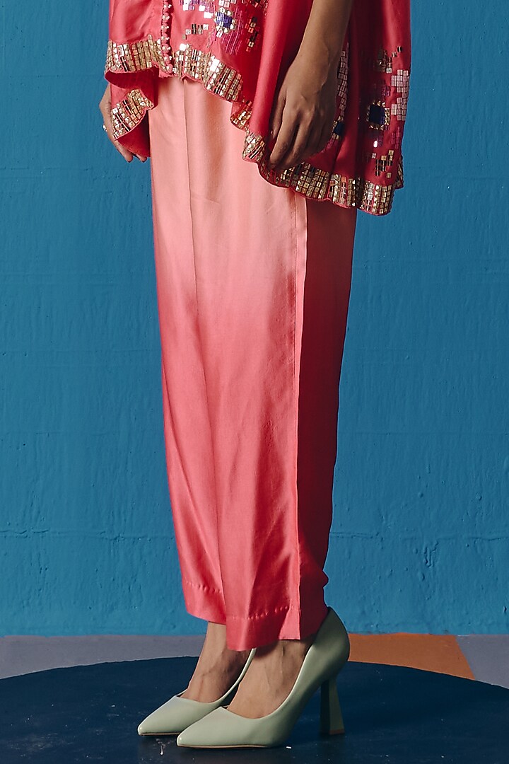 Peach & Coral Soft Silk Satin Sequins Embroidered Cape Set by POOJA RAJGARHIA GUPTA at Pernia's Pop Up Shop
