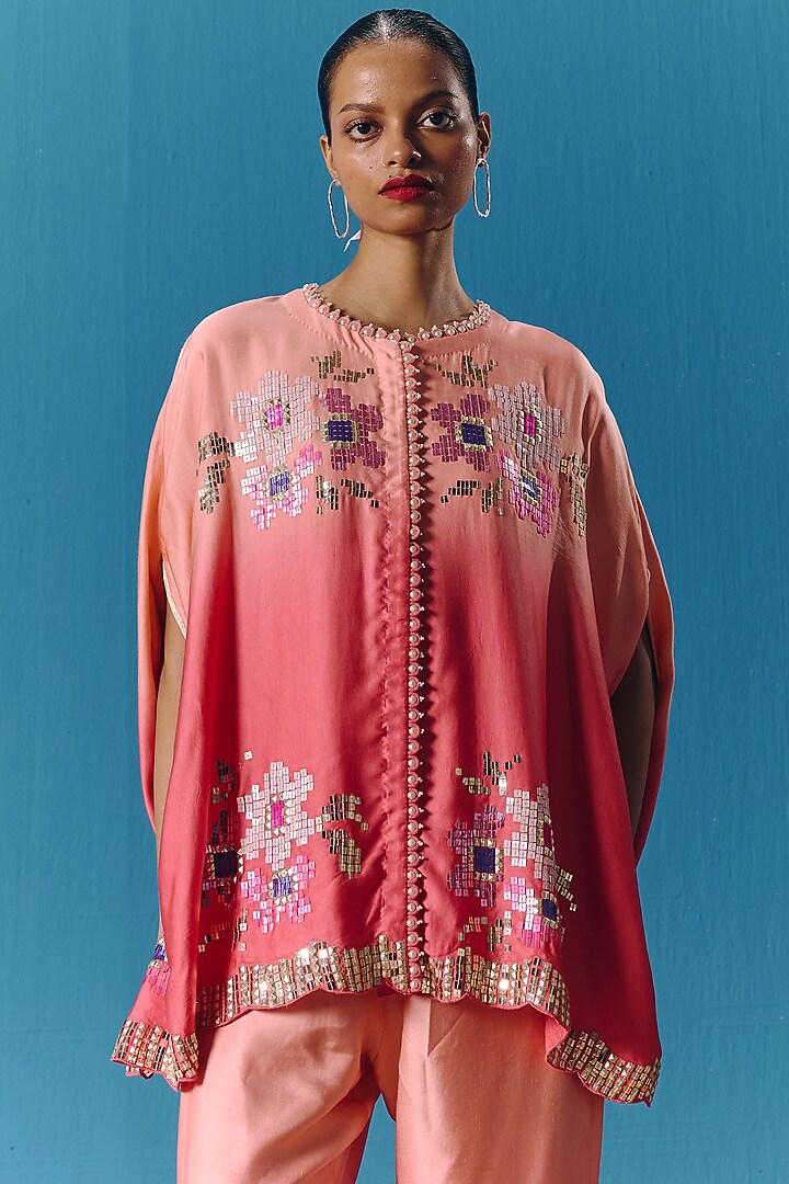 Peach & Coral Soft Silk Satin Sequins Embroidered Cape Set by POOJA RAJGARHIA GUPTA at Pernia's Pop Up Shop