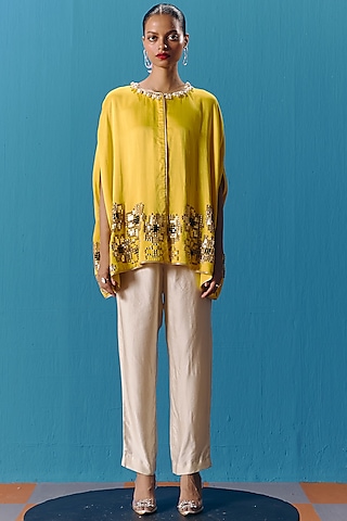 Yellow & Ivory Soft Silk Satin Sequins Embroidered Cape Set by POOJA RAJGARHIA GUPTA