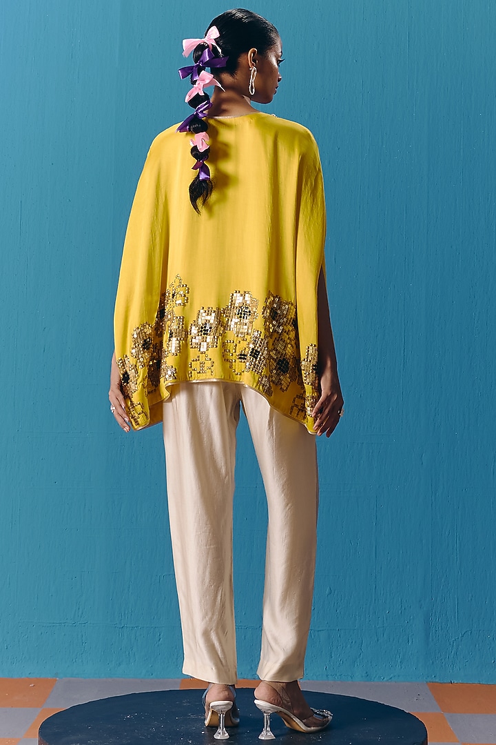 Yellow & Ivory Soft Silk Satin Sequins Embroidered Cape Set by POOJA RAJGARHIA GUPTA at Pernia's Pop Up Shop