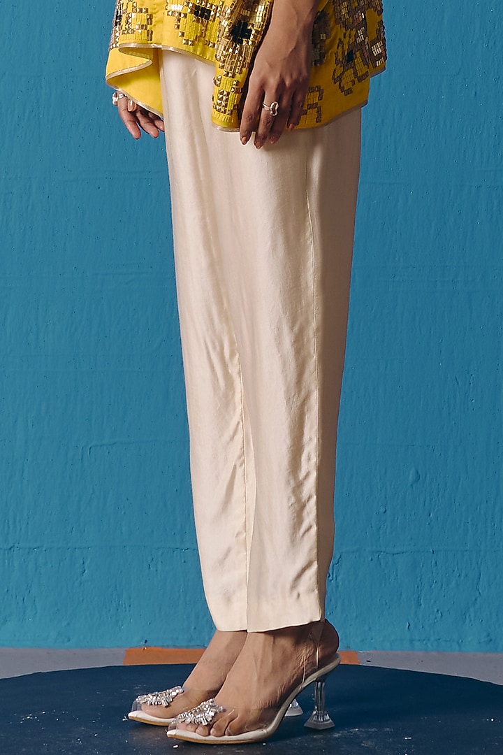 Yellow & Ivory Soft Silk Satin Sequins Embroidered Cape Set by POOJA RAJGARHIA GUPTA at Pernia's Pop Up Shop