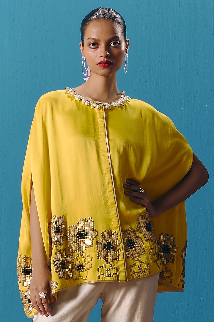 Yellow & Ivory Soft Silk Satin Sequins Embroidered Cape Set by POOJA RAJGARHIA GUPTA at Pernia's Pop Up Shop