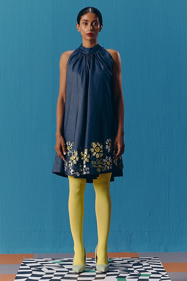 Dark Blue Denim Hand Embroidered Halter Dress by POOJA RAJGARHIA GUPTA at Pernia's Pop Up Shop