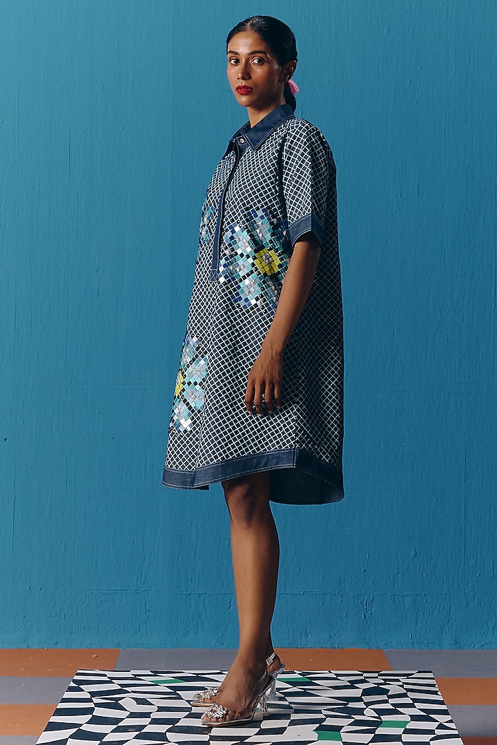 Dark Blue Denim Hand Embroidered Mini Shirt Dress by POOJA RAJGARHIA GUPTA at Pernia's Pop Up Shop