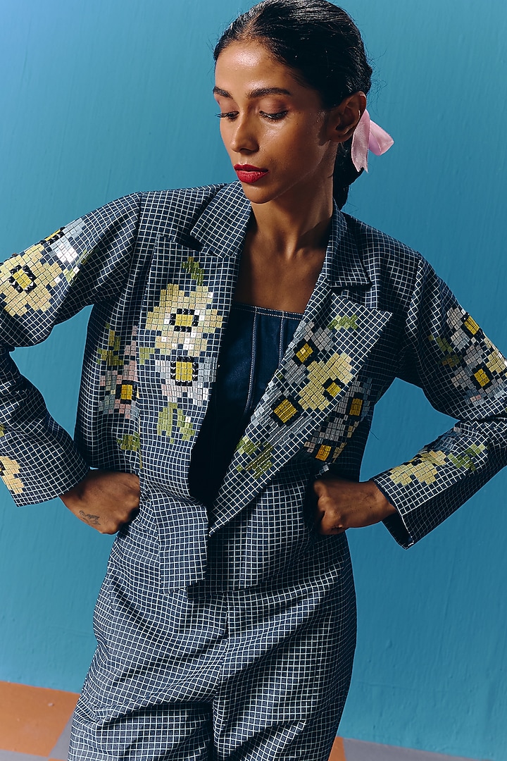 Dark Blue Denim Hand Embroidered Jacket by POOJA RAJGARHIA GUPTA at Pernia's Pop Up Shop