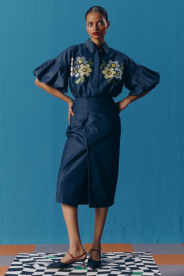 Dark Blue Denim Hand Embroidered Pleated Skirt by POOJA RAJGARHIA GUPTA at Pernia's Pop Up Shop