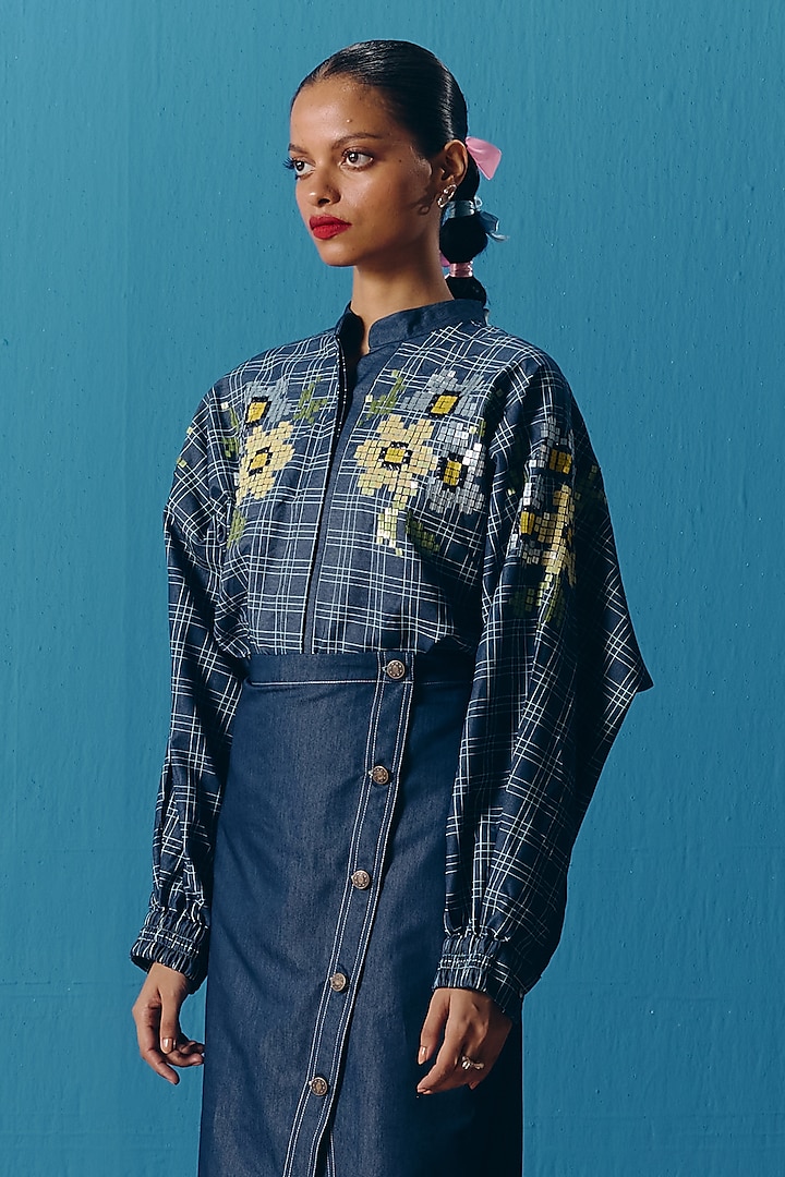 Dark Blue Denim Hand Embroidered Kimono Top by POOJA RAJGARHIA GUPTA at Pernia's Pop Up Shop