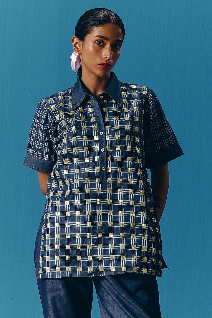 Dark Blue Denim Hand Embroidered Checkered Shirt by POOJA RAJGARHIA GUPTA at Pernia's Pop Up Shop