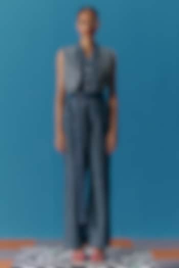 Dark Blue Denim Hand Embroidered Checkered Jumpsuit by POOJA RAJGARHIA GUPTA at Pernia's Pop Up Shop