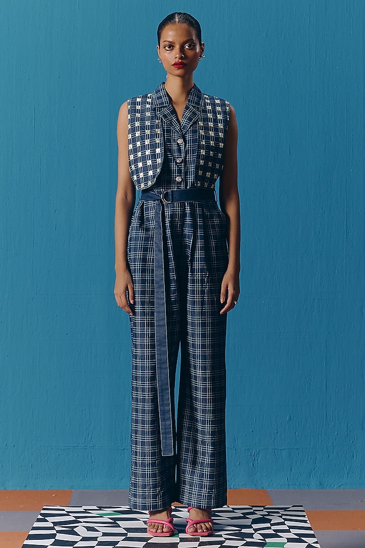 Dark Blue Denim Hand Embroidered Checkered Jumpsuit by POOJA RAJGARHIA GUPTA at Pernia's Pop Up Shop